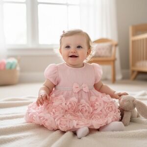 Nannette Rosette Party Dress Baby 6/9M Pink Special Occasion Wedding